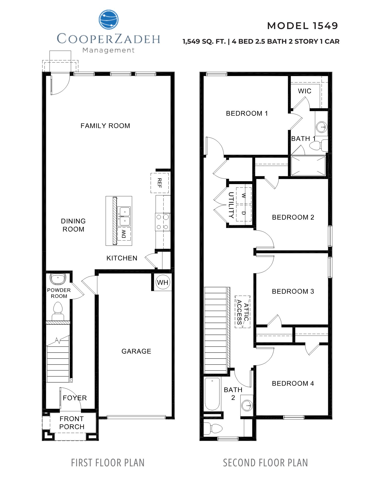 A floor plan for a CooperZadeh Management Model 1549 shows the layout of the first and second floors.